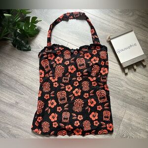 Sourpuss Black & Orange Hawaiian Habiscus & Tiki Smocked Back Halter Top. Sz XXL